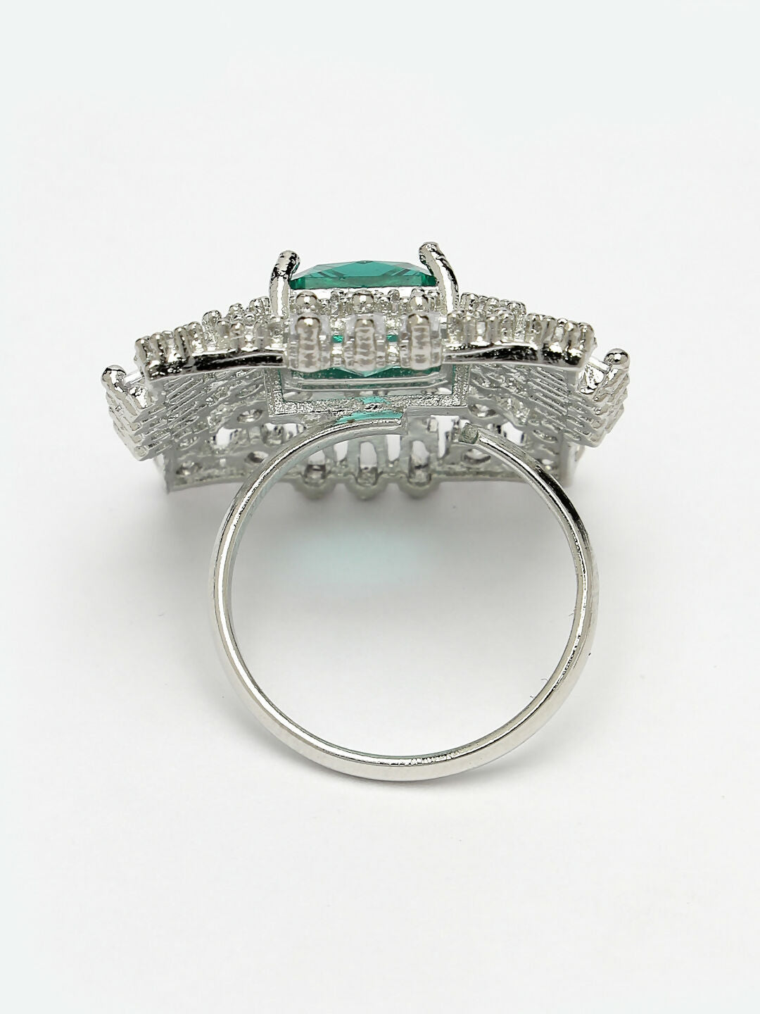 NVR Women's Green & Silver CZ-Studded Square-Shaped Adjustable Finger Ring