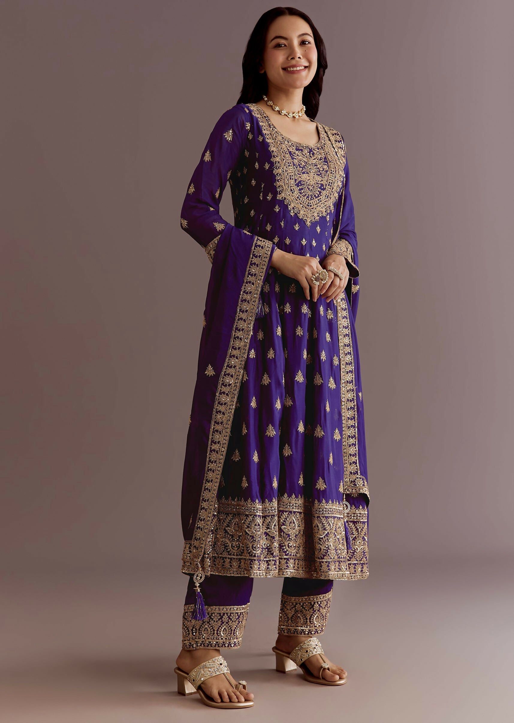 Teeya Creation Purple Color Chinnon Silk Embroidery Work Gown - Distacart