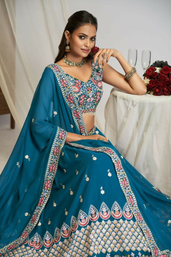 White Multicolor Thread Sequence Embroidery Work Georgette Lehenga Choli Set - Jihu Culture