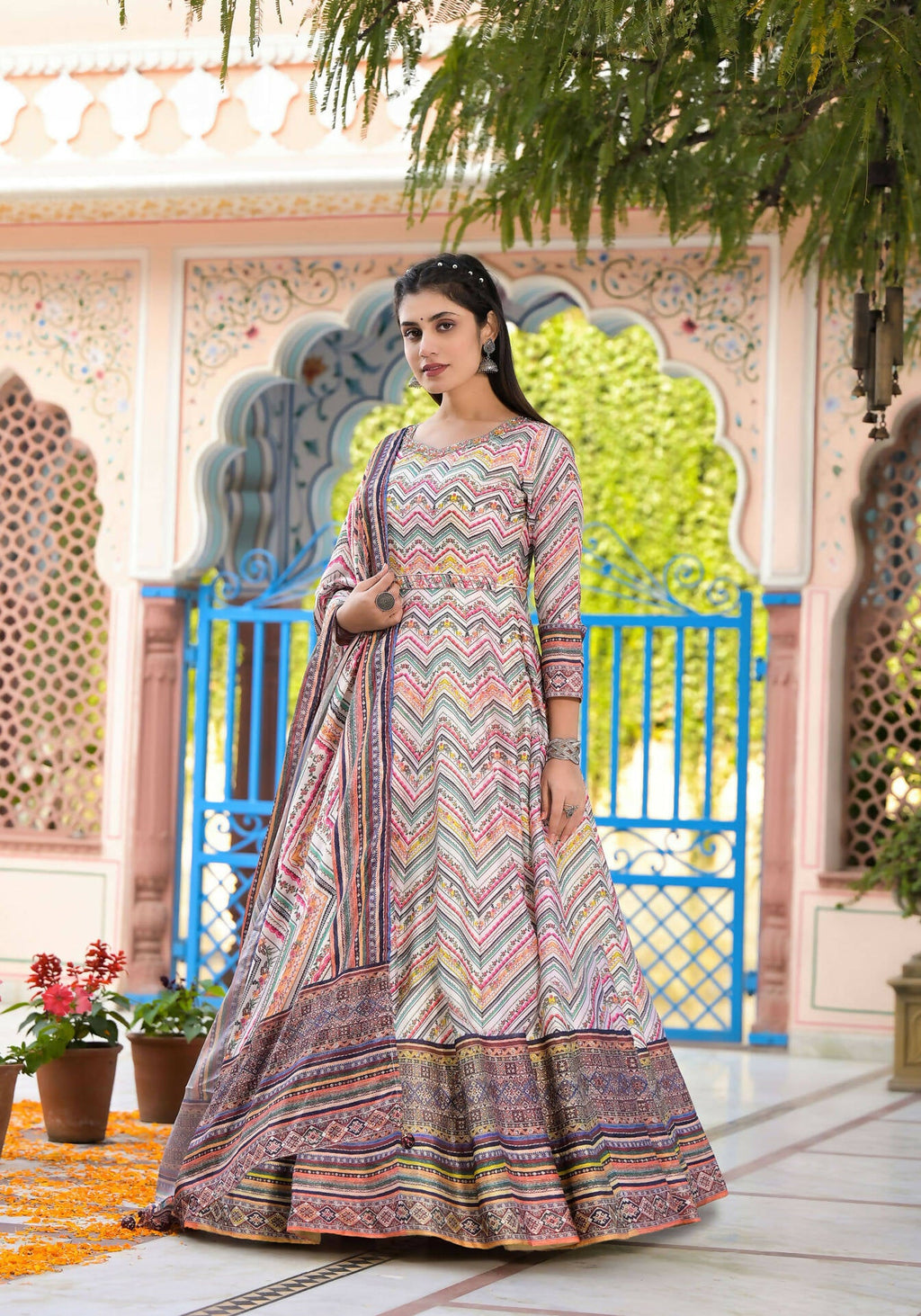 Functional Designer Off White-Muliti Dola Silk Anarkali suit with Dupatta - Ramya