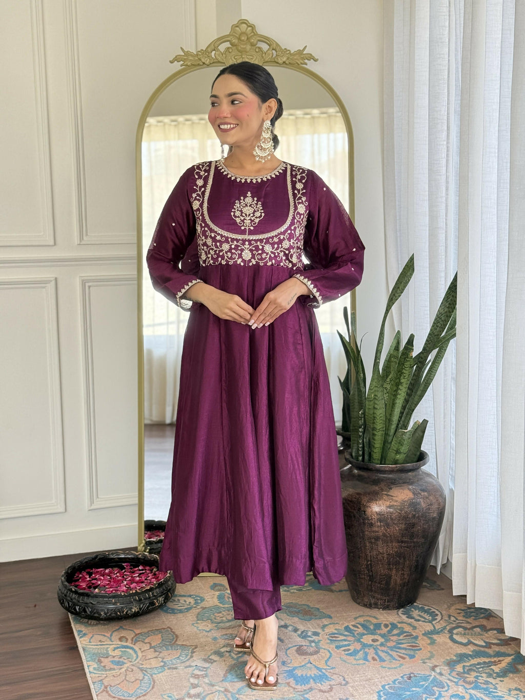 The52 Purple Women's Gorgeous Embroidered Vichitra Silk Fabric Flared Kurta Pant with Dupatta Set - Distacart