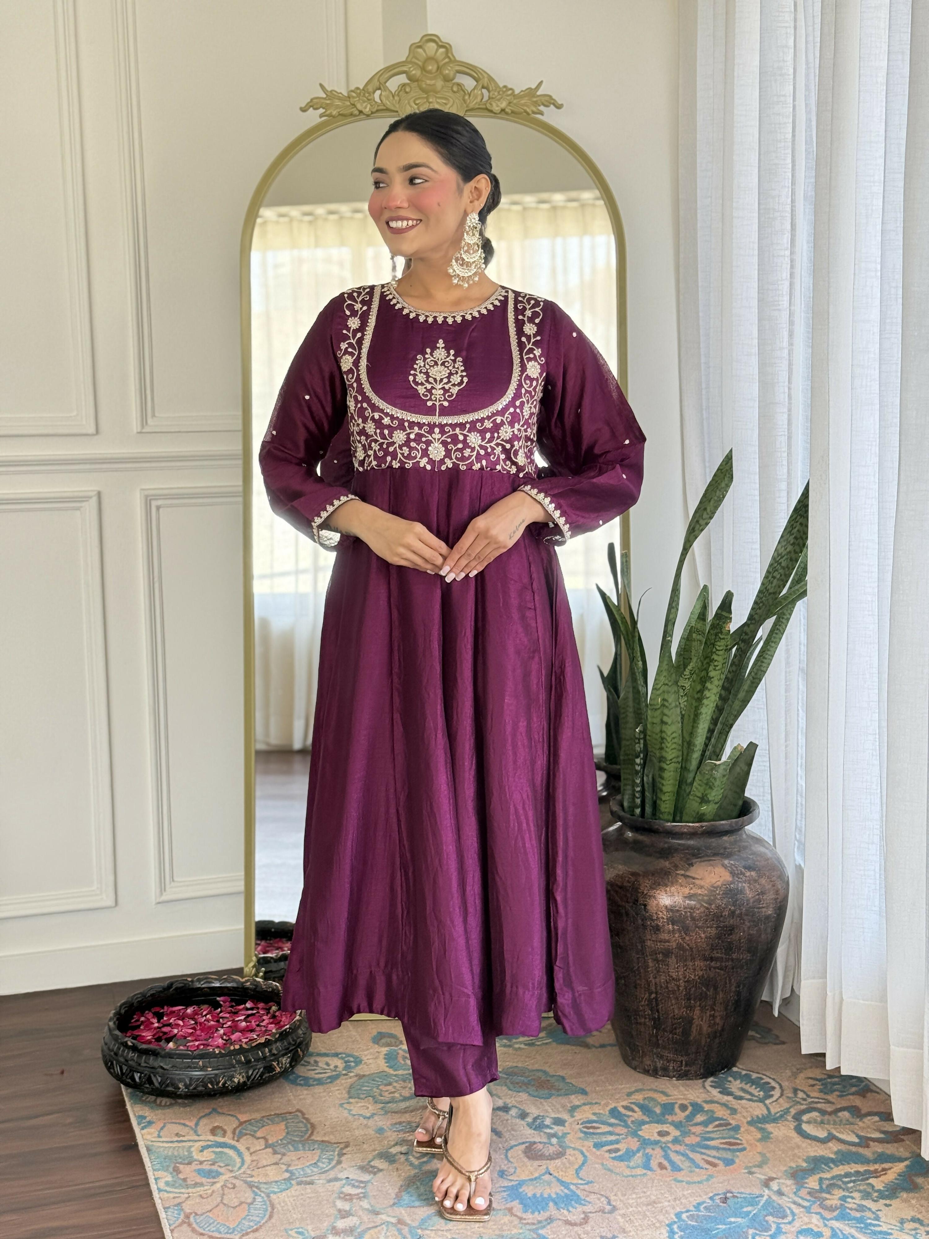 The52 Purple Women's Gorgeous Embroidered Vichitra Silk Fabric Flared Kurta Pant with Dupatta Set - Distacart
