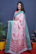 Jyoti Fashion Women's Teal Linen Silk Digital Print with Jacquard Woven Border Saree with Blouse
