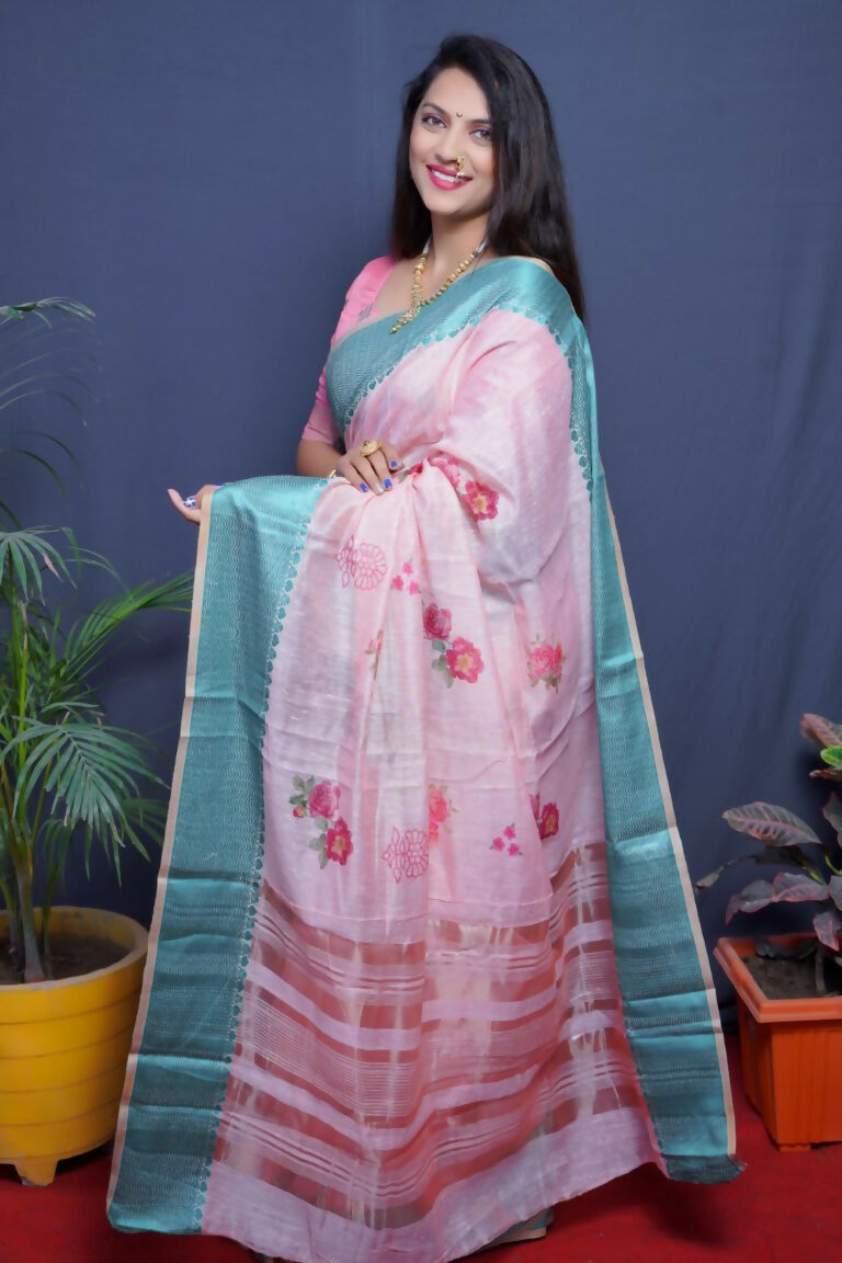 Jyoti Fashion Women's Teal Linen Silk Digital Print with Jacquard Woven Border Saree with Blouse