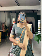 Vastranavya Kalamkari Print With Weaving Border Lehenga with Unstitched Blouse - Grey