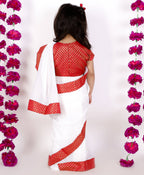 Little Bansi Girls Red And White Color Bengali Saree With Floral Brocade Blouse