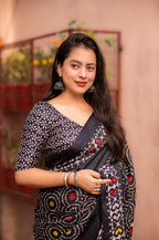 Black Silk Blend Ethnic Motifs Saree with Unstitched Blouse - A2M