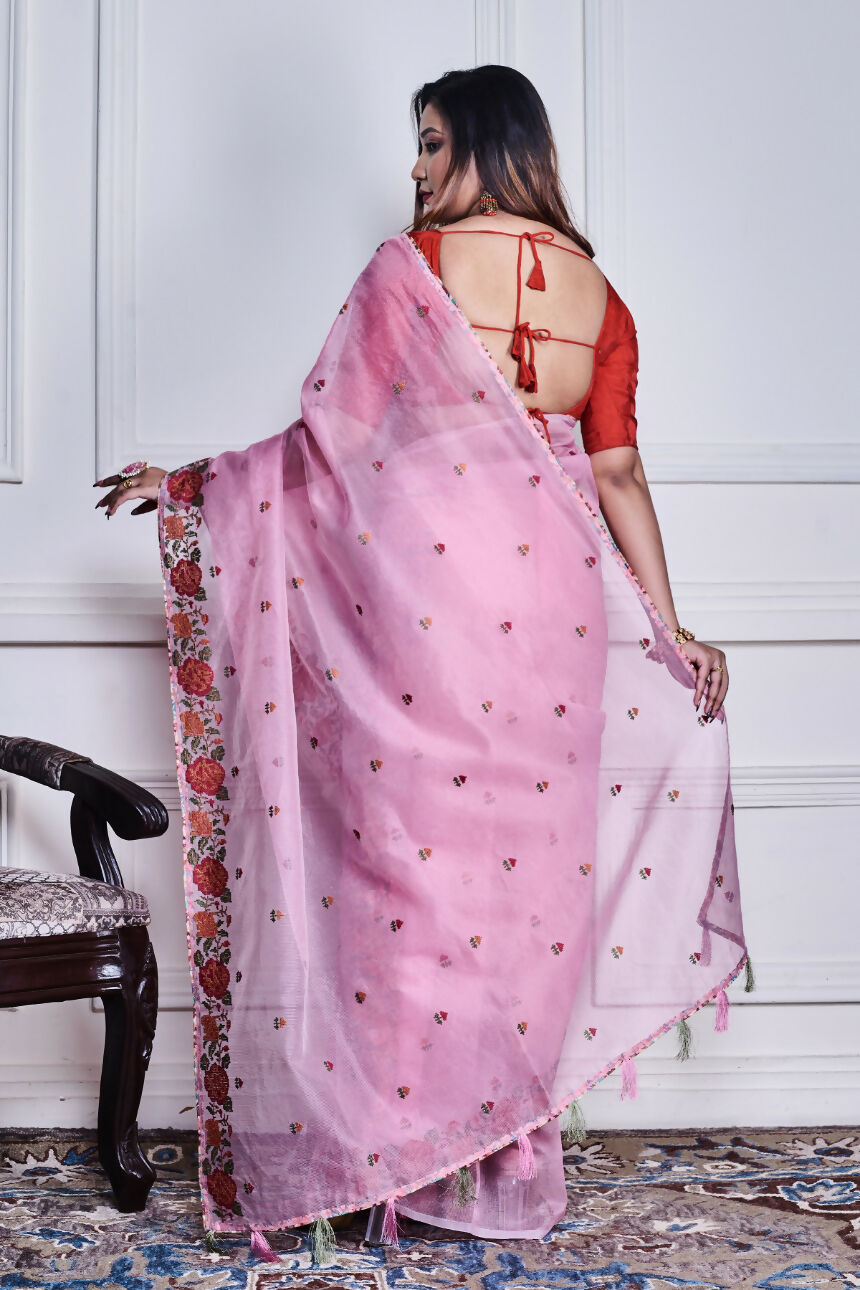 Morchari Pink Supernet Cross Embroidery Saree Unstitched Blouse - Distacart