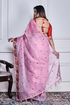 Morchari Pink Supernet Cross Embroidery Saree Unstitched Blouse - Distacart
