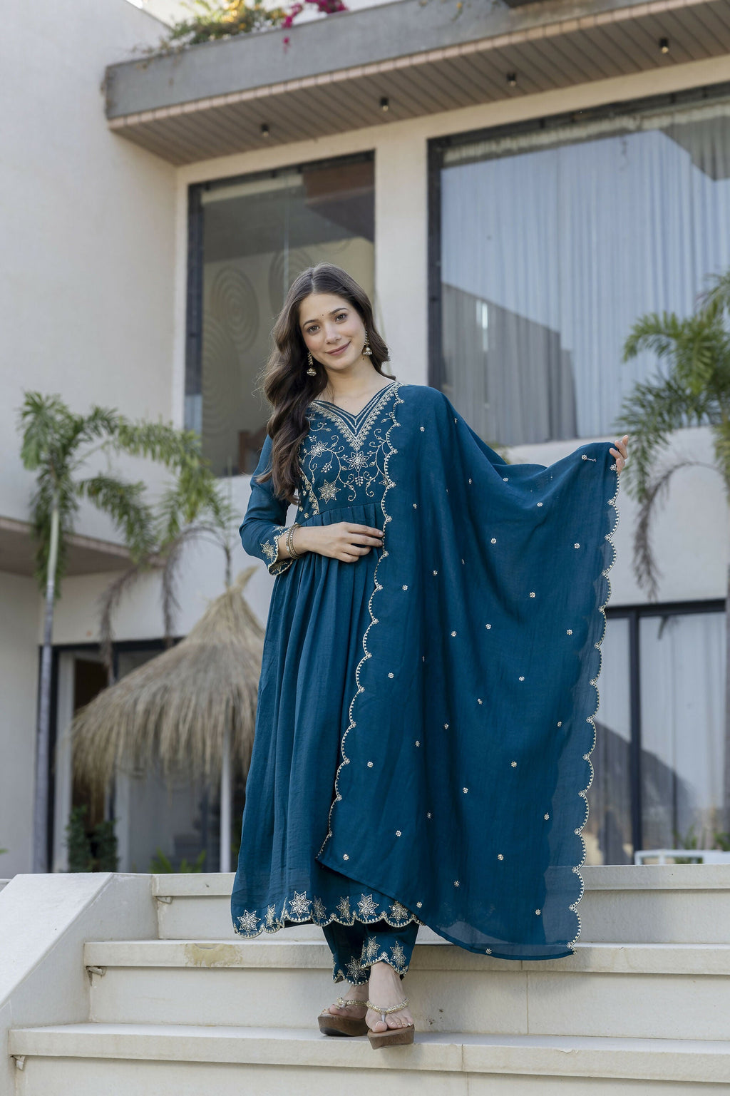 The52 Women's Beautiful Embroidery Work Vichitra Silk Fabric Flared Anarkali Pant and Dupatta Set - Distacart