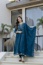 The52 Women's Beautiful Embroidery Work Vichitra Silk Fabric Flared Anarkali Pant and Dupatta Set - Distacart