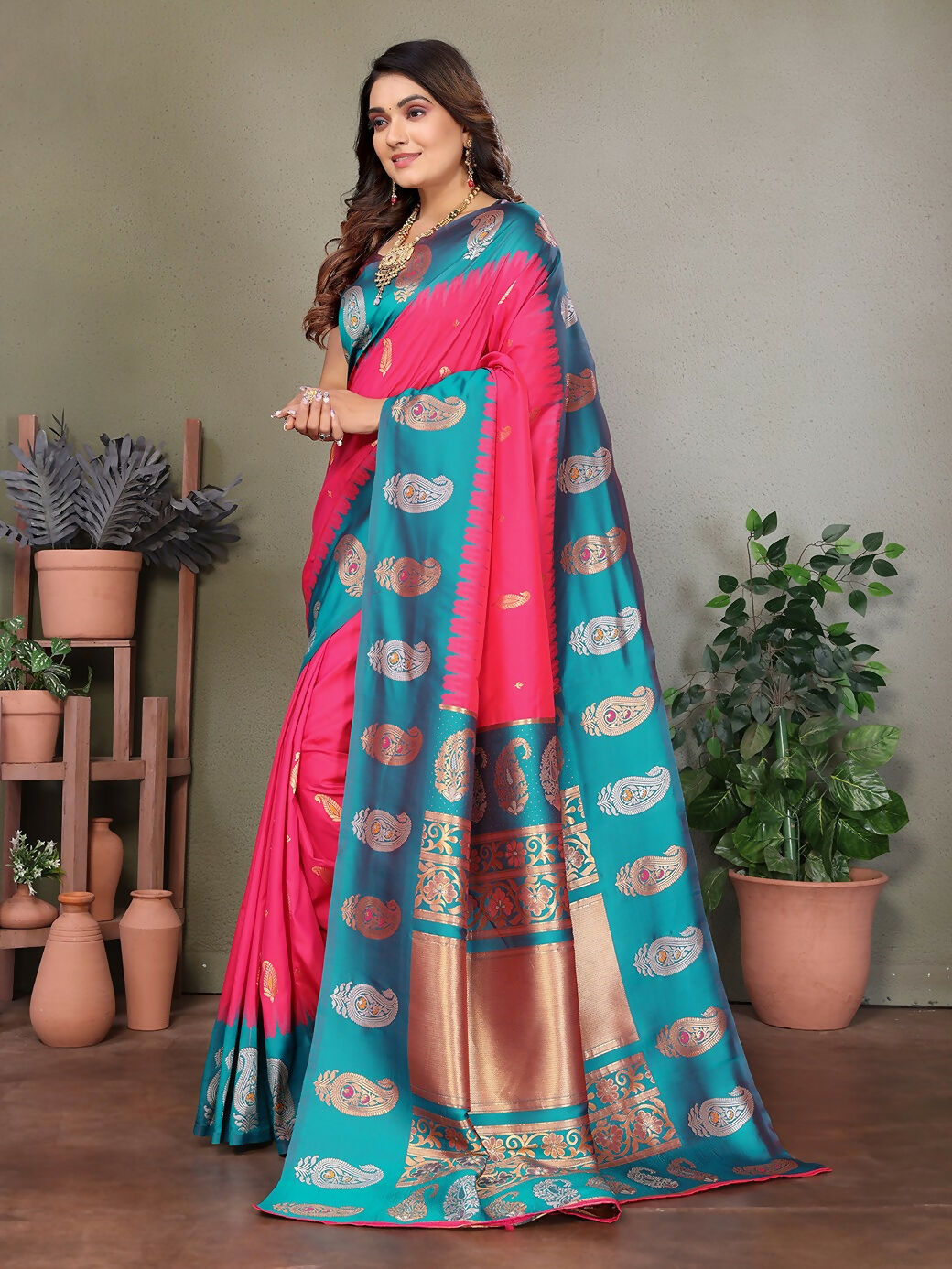 Joban Fashion Banarasi Pink ButtiSoft Silk Saree - Distacart