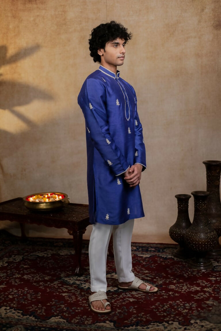 Falling Raw Silk Dark Blue Silver Stitches Kurta Set By Hilo Design