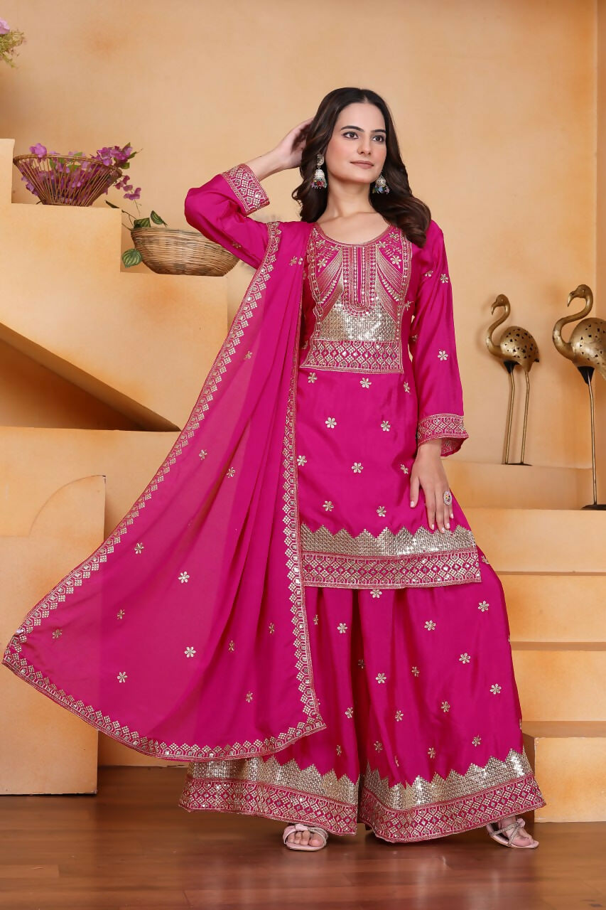 Joban Fashion Pink Silk Embroidered Sharara Set - Distacart
