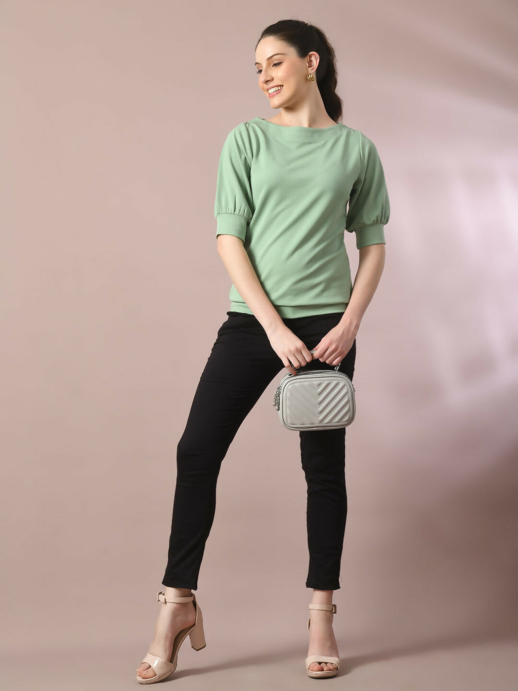 Myshka Women's Sea Green Solid Boat Neck Party Top