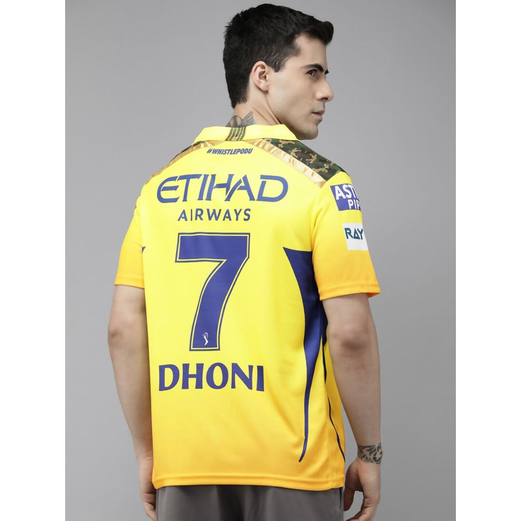 playR Men Sports Printed Polo Collar Dri-FIT CSK Fan 7 Dhoni T-shirt IPL, T20