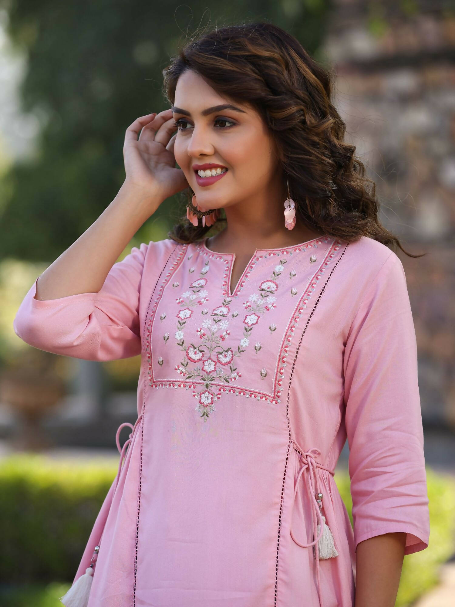 Juniper Women's Pink Rayon Staple Solid With Embroidery Straight Tunic - Distacart
