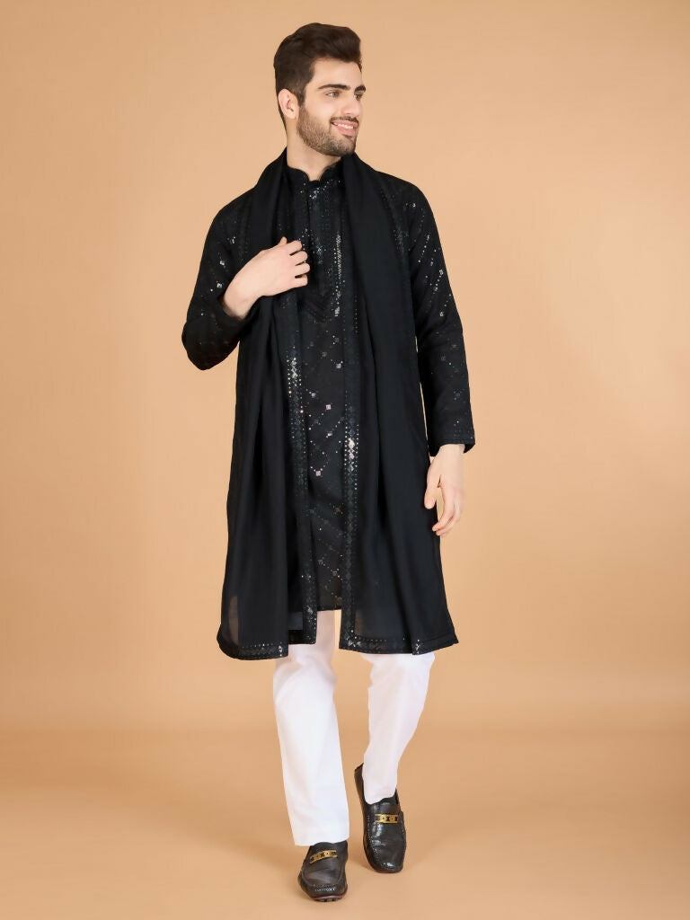 Vastranavya Black Exclusive Festival Wear Viscose Silk Thread & Sequence Embroidered Work Kurta with Dupatta