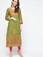 Cheera Hand Block Print Olive green Color Straight Kurta