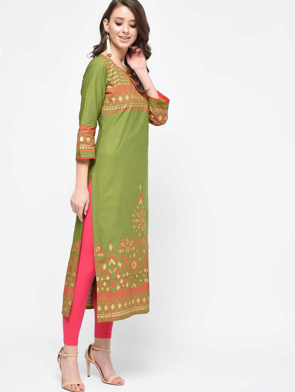 Cheera Hand Block Print Olive green Color Straight Kurta