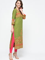Cheera Hand Block Print Olive green Color Straight Kurta