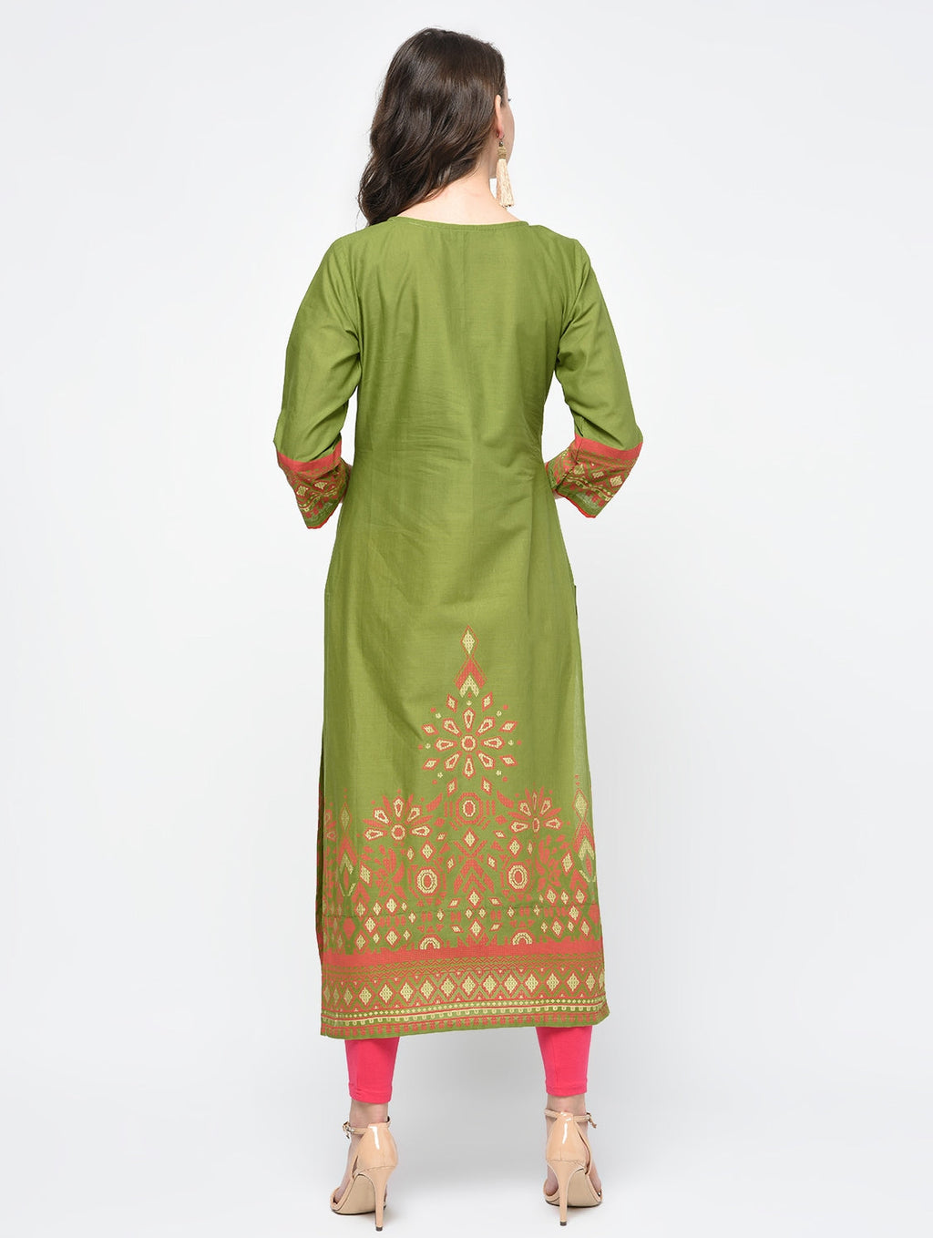 Cheera Hand Block Print Olive green Color Straight Kurta
