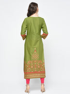 Cheera Hand Block Print Olive green Color Straight Kurta