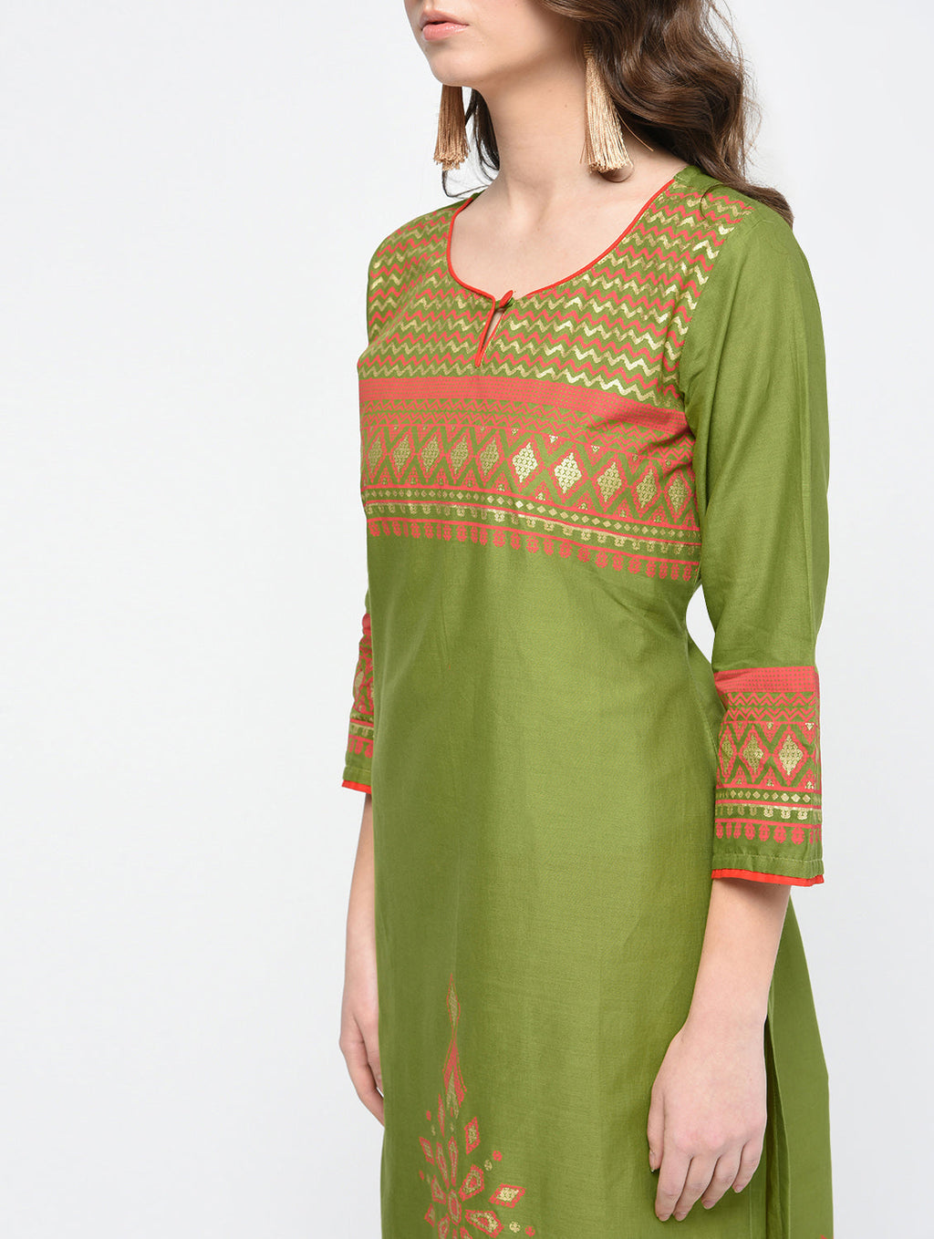 Cheera Hand Block Print Olive green Color Straight Kurta