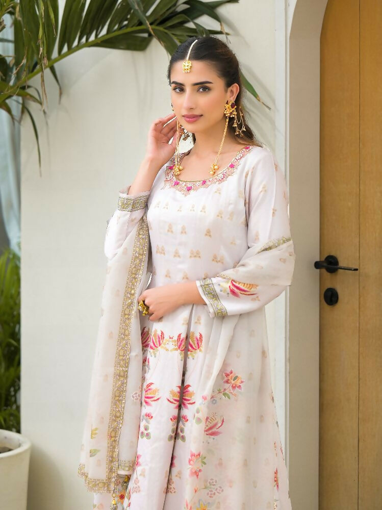 Functional Designer Off white Jam Silk Anarkali suit with Dupatta-Anbazaar - Distacart