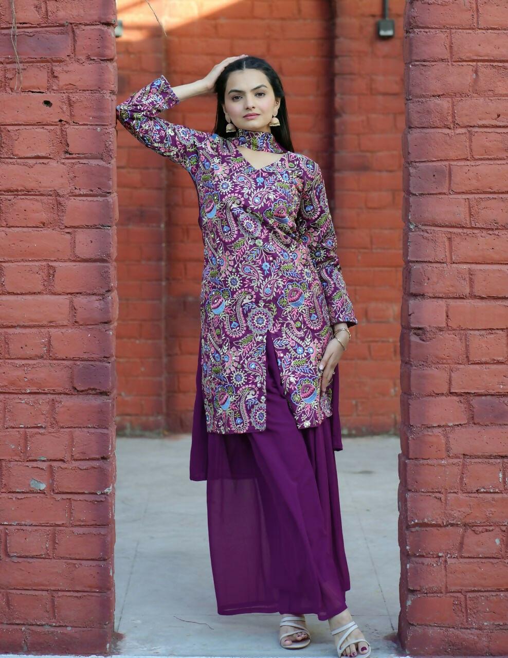 Joban Fashion Wine Silk Embroidered Sharara Set - Distacart