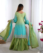 The52 Women's Beautiful Chinon silk Fabric Embroidery Work Straight Kurta Palazzo and Dupatta Set - Distacart