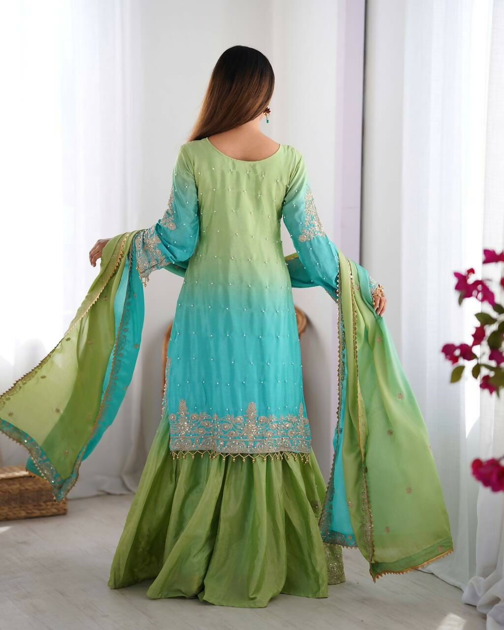 The52 Women's Beautiful Chinon silk Fabric Embroidery Work Straight Kurta Palazzo and Dupatta Set - Distacart