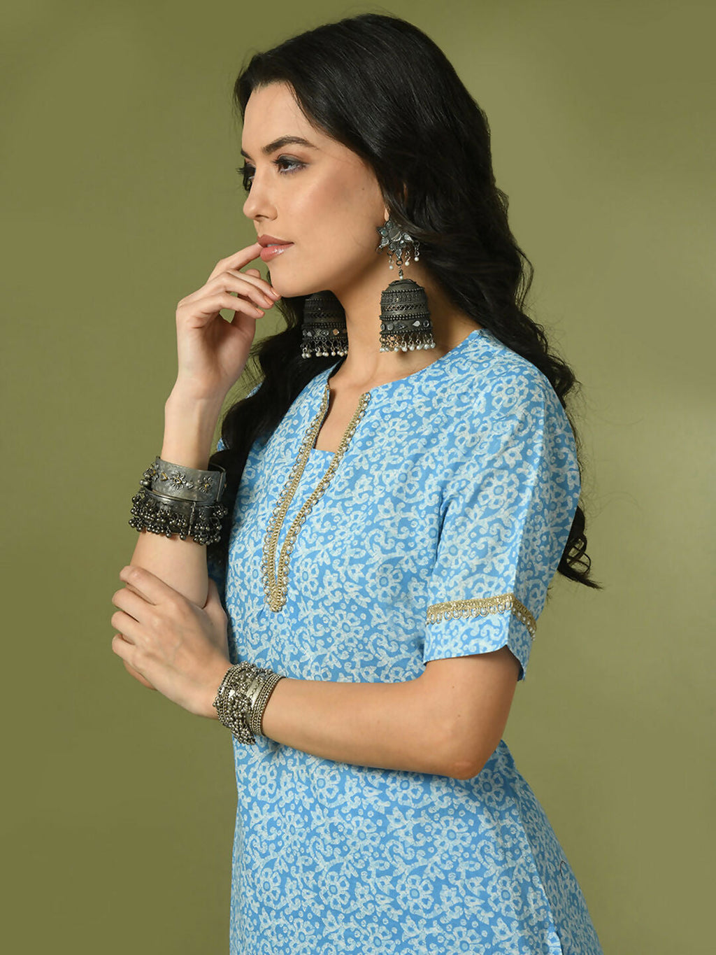 Myshka Women's Blue Printed Cotton Straight Party Kurta Set