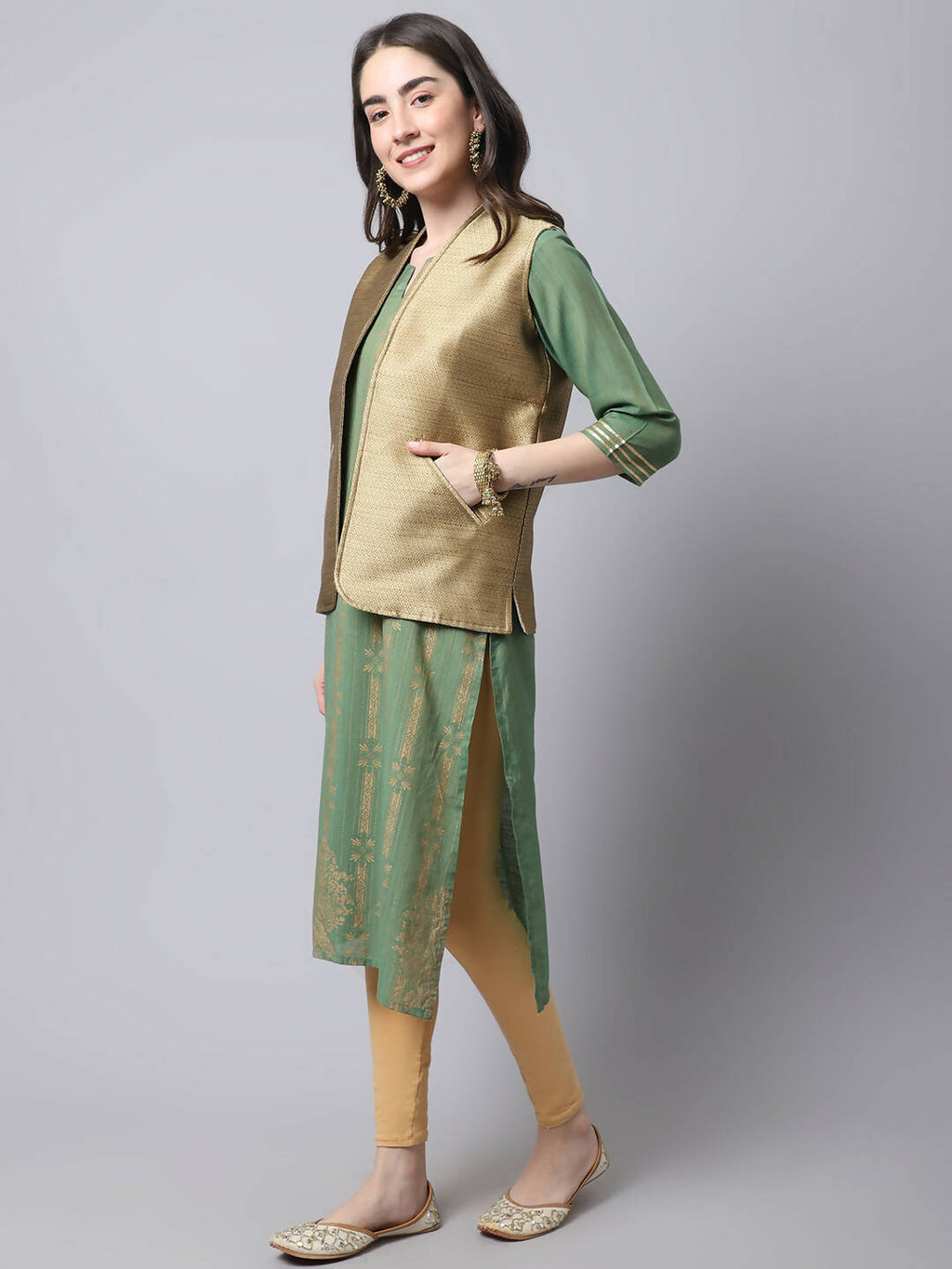 Even Apparels Beige Bansari Silk Open Front Women's Gillet - Distacart