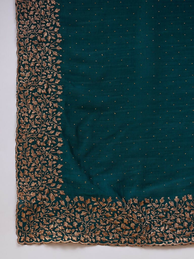 Teal Silk Blend Embroidered Saree with Unstitched Blouse - Vairagi