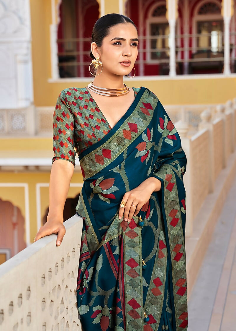 Monjolika Fashion Silk Blend Teal Printed Saree - Distacart