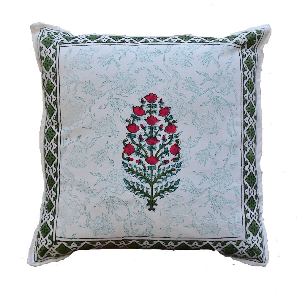 The Decor Nook Red Floral With Green Border Cushion Cover