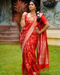 DEIANA'S Beautiful Designer Golden zari Soft Lichi Silk Saree - Red