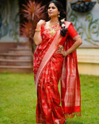 DEIANA'S Beautiful Designer Golden zari Soft Lichi Silk Saree - Red