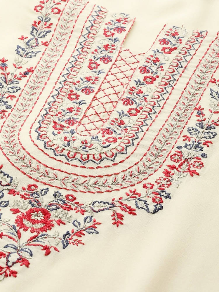 Yufta Women Cream-Coloured Ethnic Motifs Embroidered Regular Thread Work Kurta with Palazzo & With Dupatta