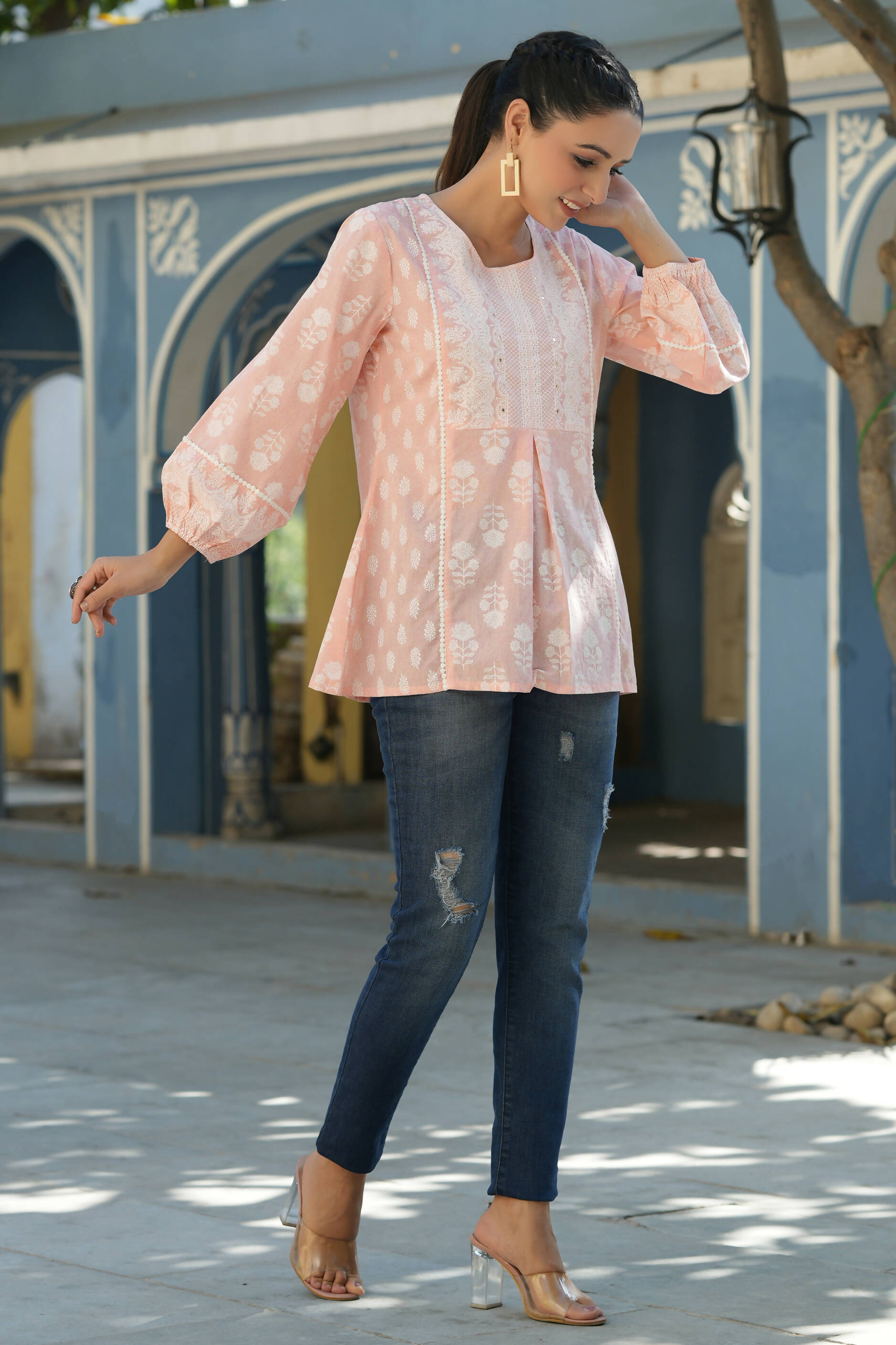 Juniper Women's Peach Cambric Placement Floral Printed Tunic - Distacart