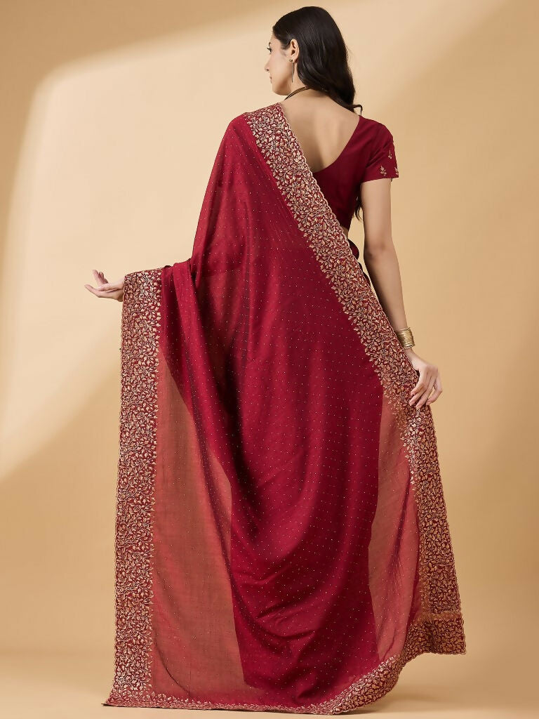 Maroon Silk Blend Embroidered Saree with Unstitched Blouse - Vairagi