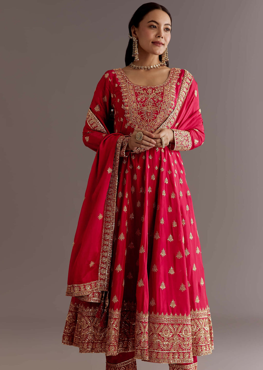 Teeya Creation Red Color Chinnon Silk Embroidery Work Gown - Distacart