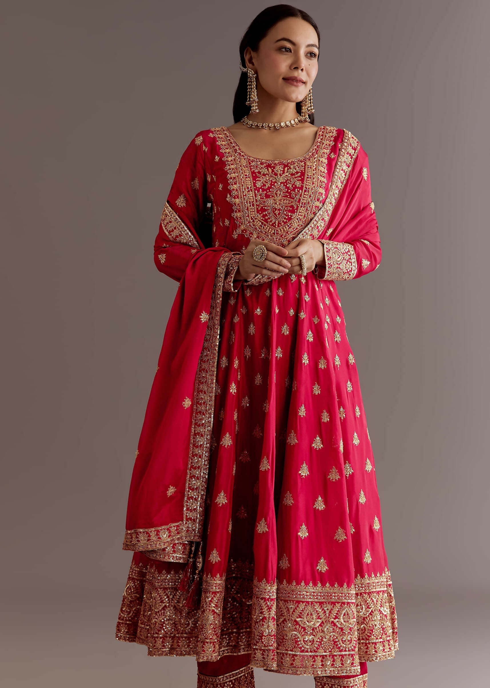 Teeya Creation Red Color Chinnon Silk Embroidery Work Gown - Distacart