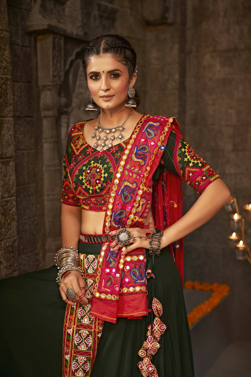 Green Viscose Rayon Thread Embroidered Navratri Lehenga Choli with Dupatta - Raas