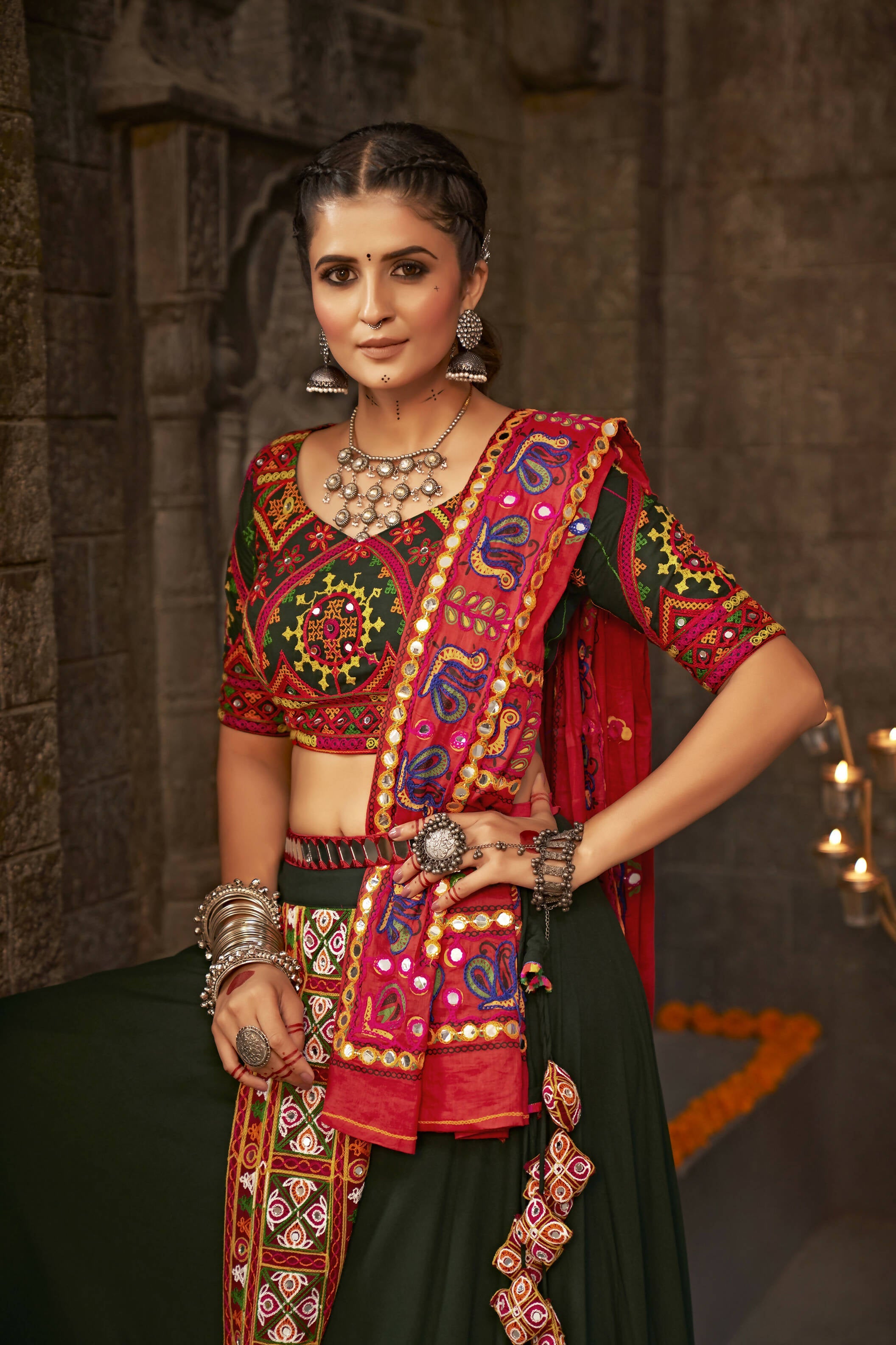 Green Viscose Rayon Thread Embroidered Navratri Lehenga Choli with Dupatta - Raas