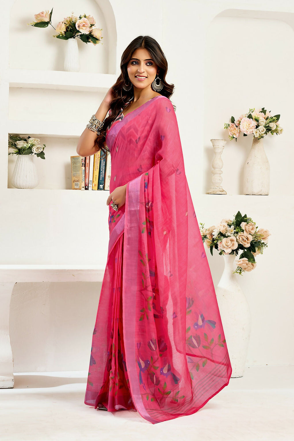 Vastranavya Pink Digital Printed Linen Ready To Wear Designer Saree with Unstitched Blouse - Distacart