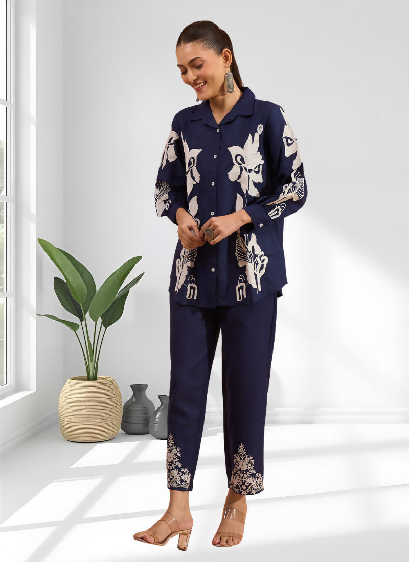 Joban Fashion Navy Blue Cotton, Linen Embroidered Readymade Cord Set - Distacart