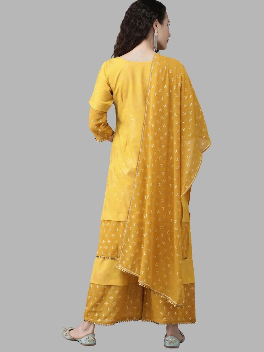 Ahalyaa Women Mustard Crepe Printed Kurta Palazzo Set With Dupatta
