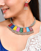 VOJ Silver Plated Oxidized Multi Color Hasli with Earring Set
